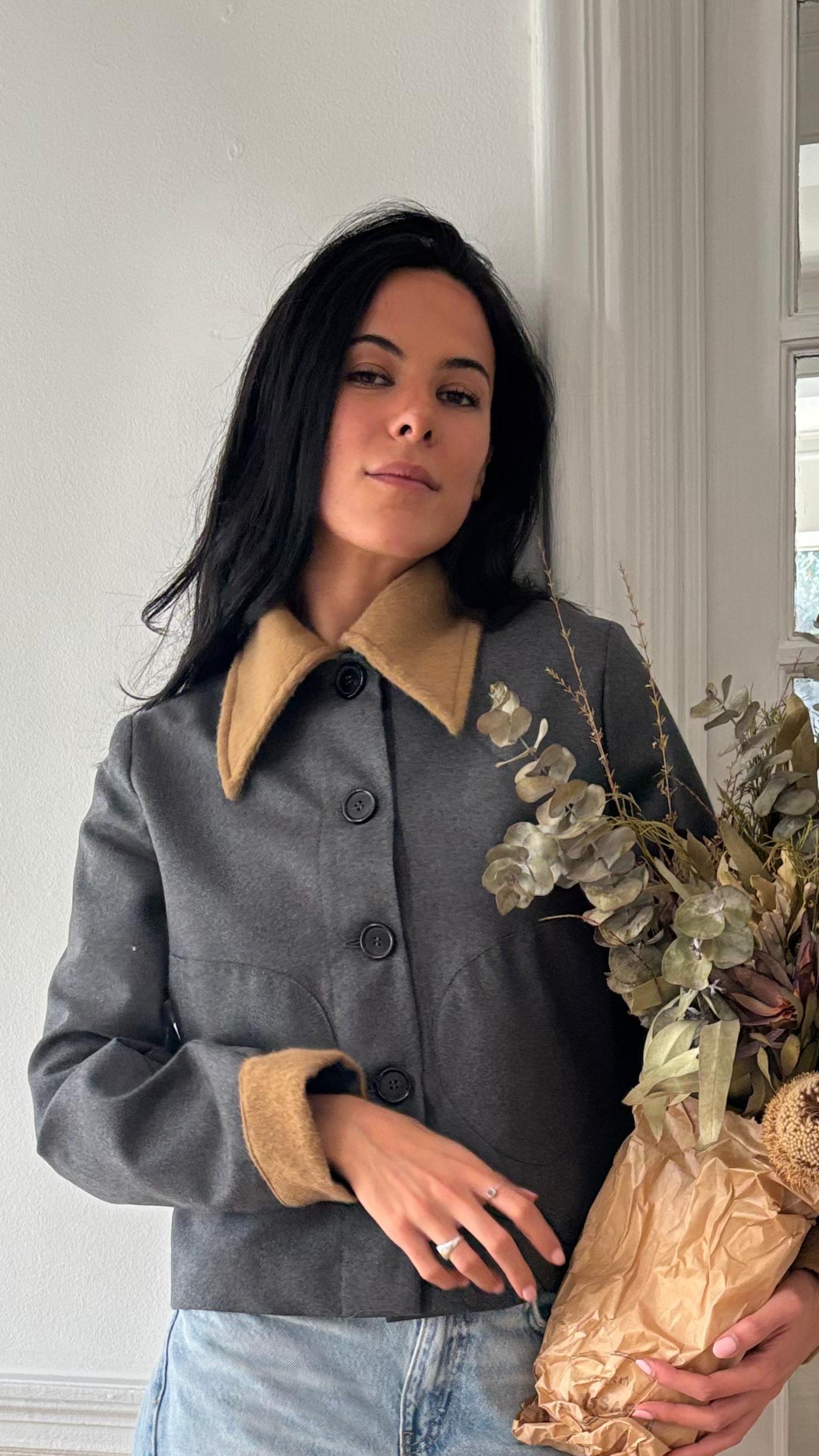 Chaqueta 100% Lana de Merino y Cuello Baby Alpaca Gris