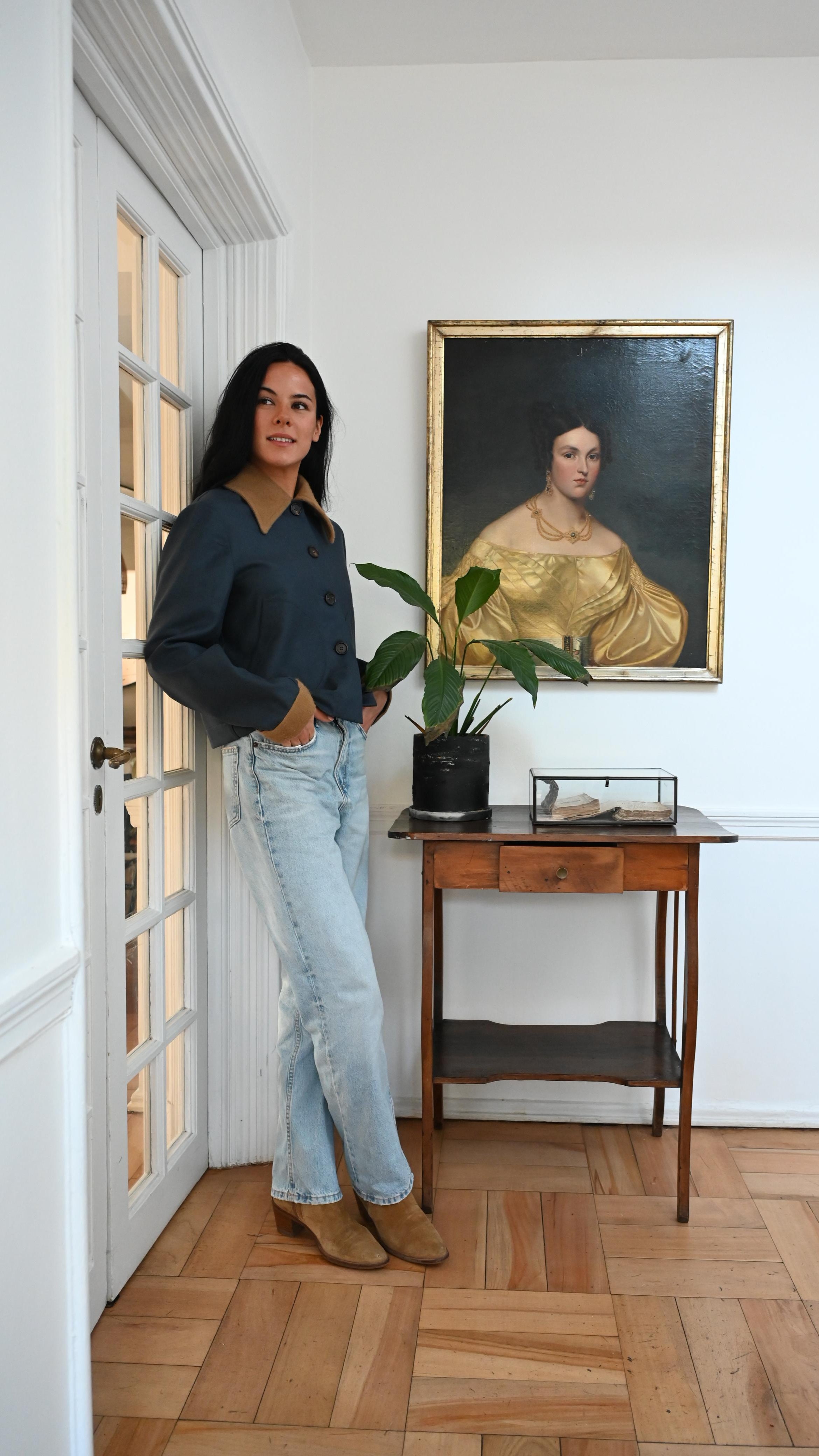 Chaqueta 100% Lana de Merino y Cuello Baby Alpaca Azul Piedra