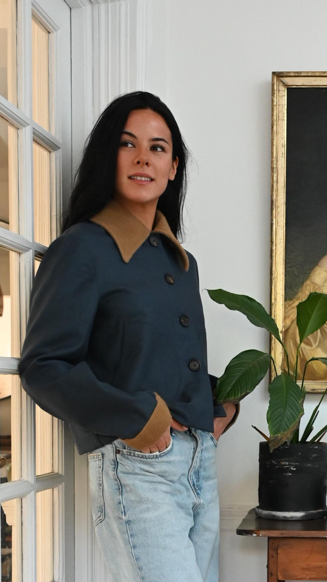 Chaqueta 100% Lana de Merino y Cuello Baby Alpaca Azul Piedra